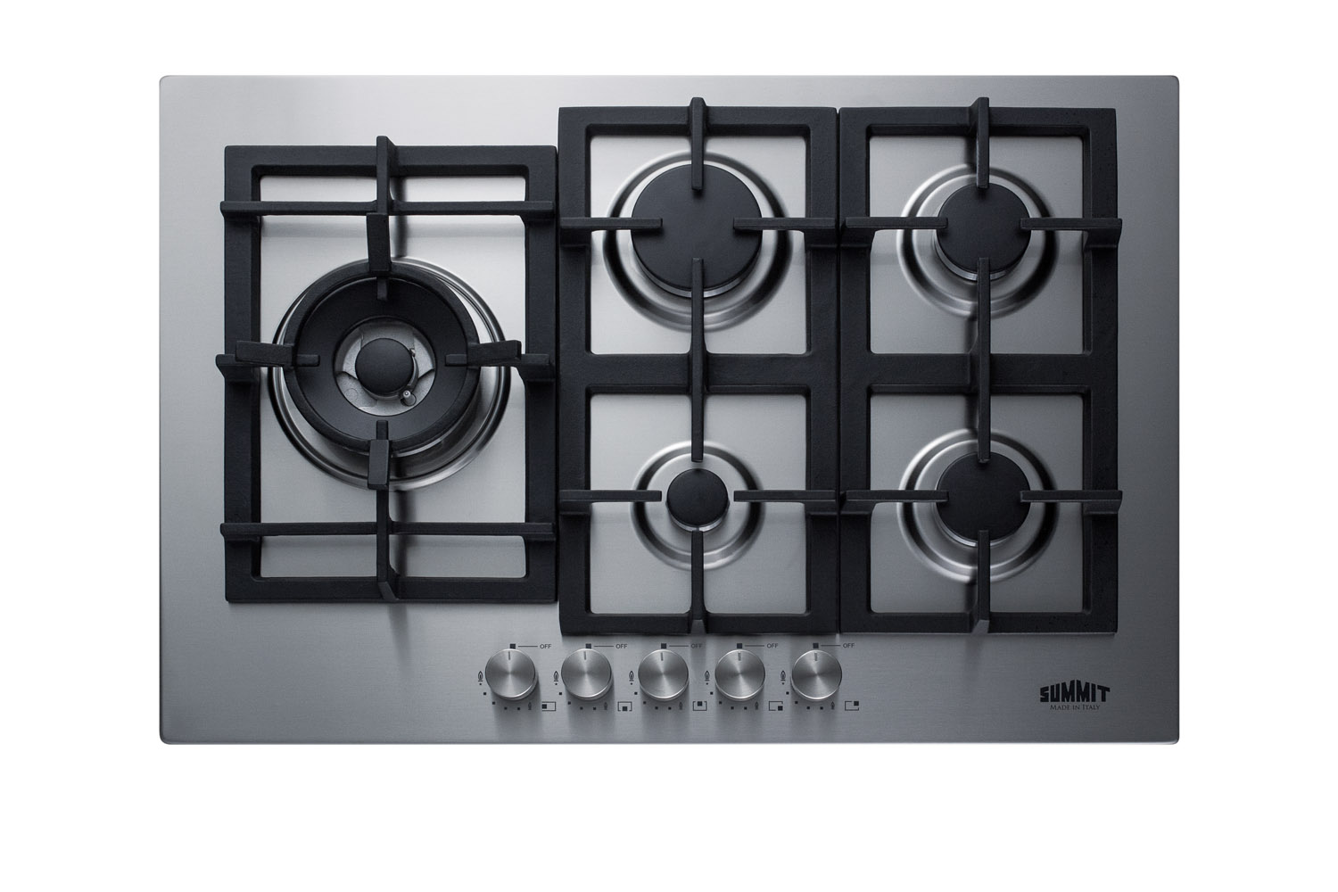5-burner gas cooktop made in Italy with sealed burners, multiple heating outputs, a 304 grade stainless steel surface, and continuous cast iron grates